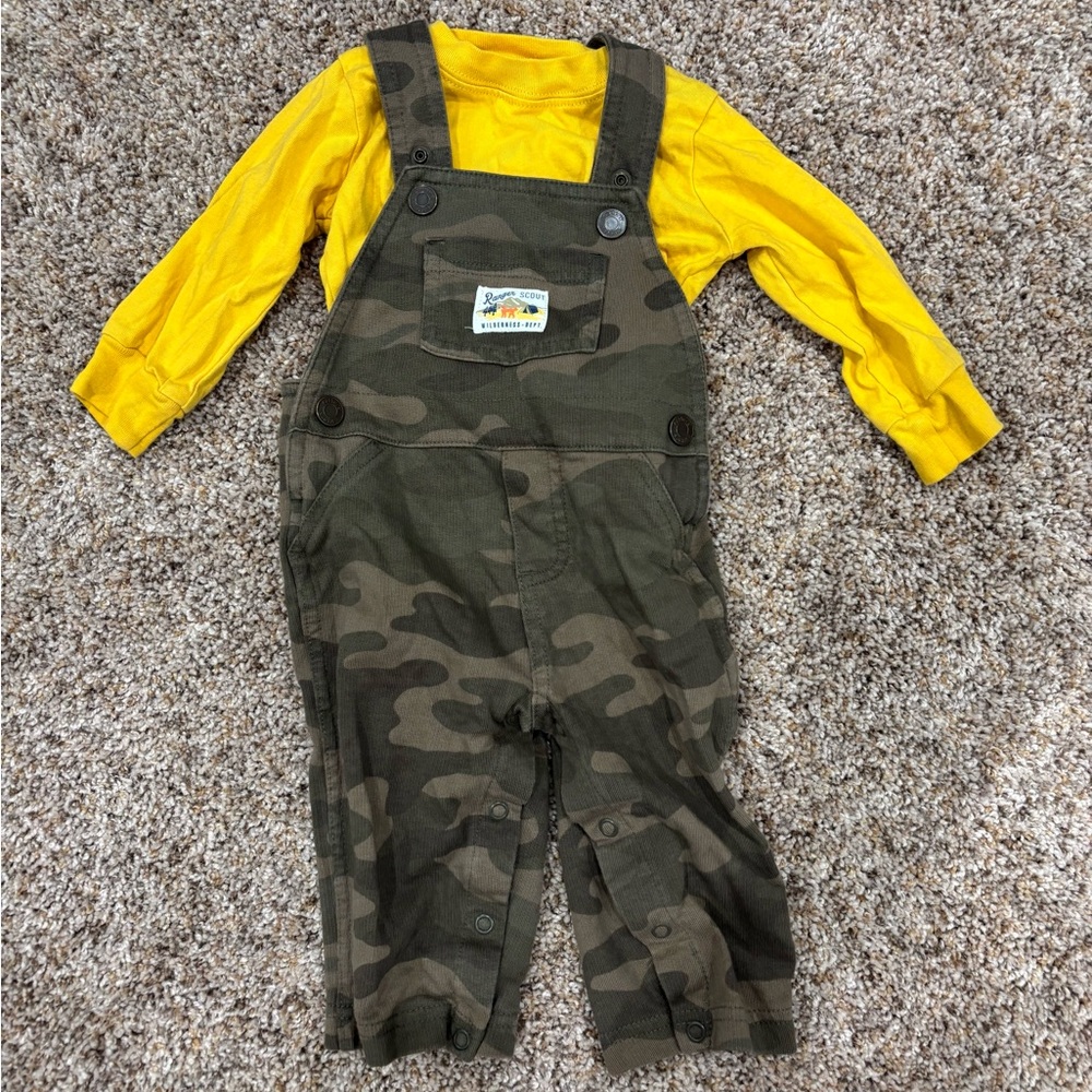 Carter's Green Camo Overalls with Yellow Shirt